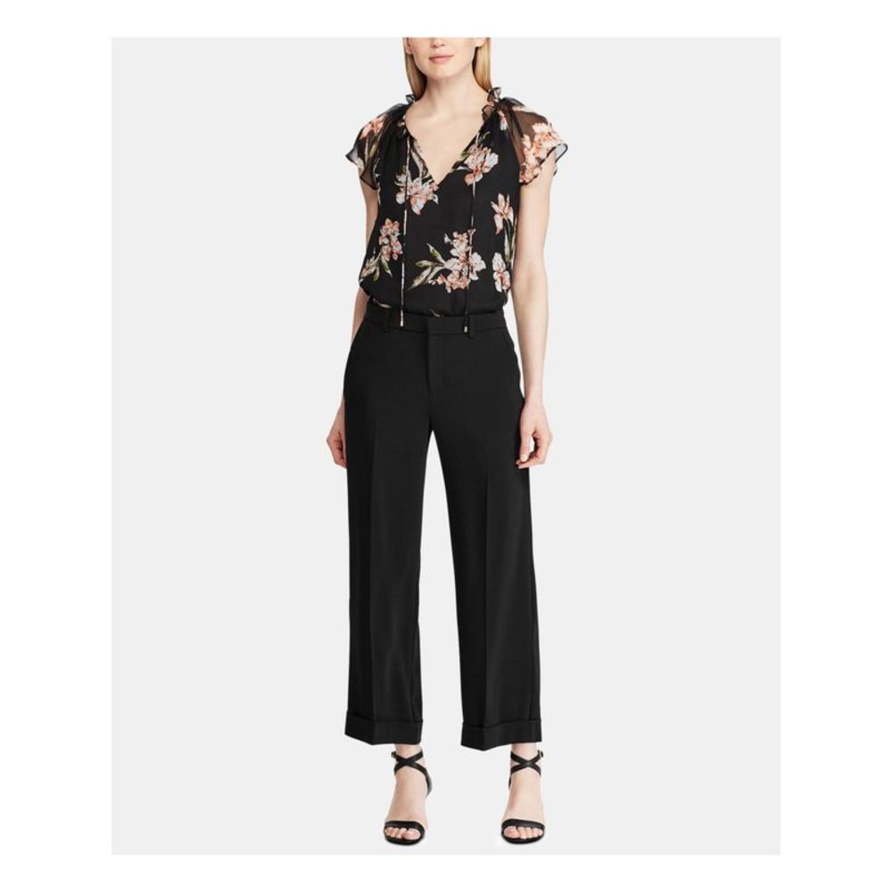 RALPH LAUREN Womens Black Sheer Ruffled Floral Flutter V Neck Blouse Petites PXS - Picture 3 of 4